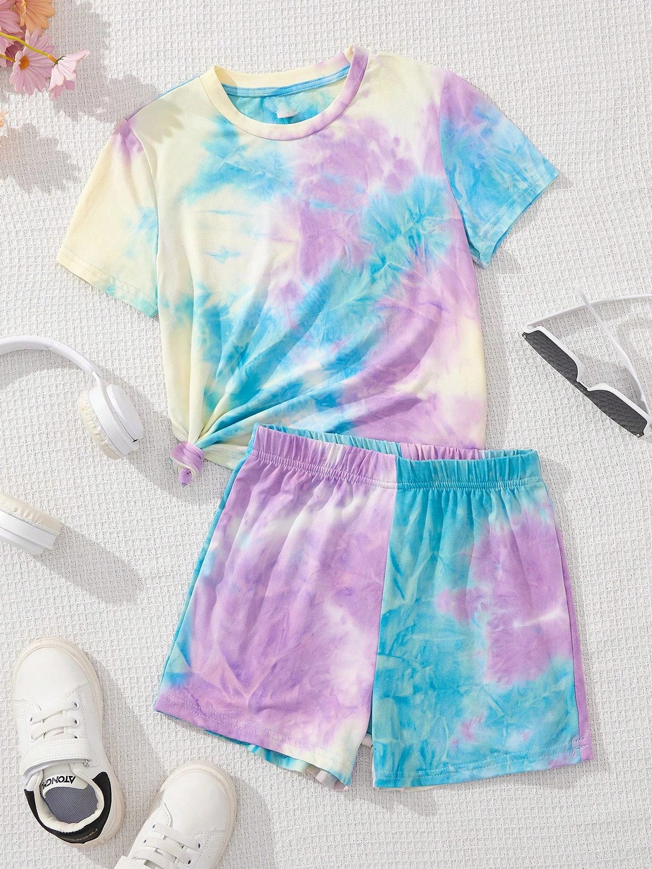 Junior gradient print casual crew neck short sleeve T-shirt and shorts set for summer,