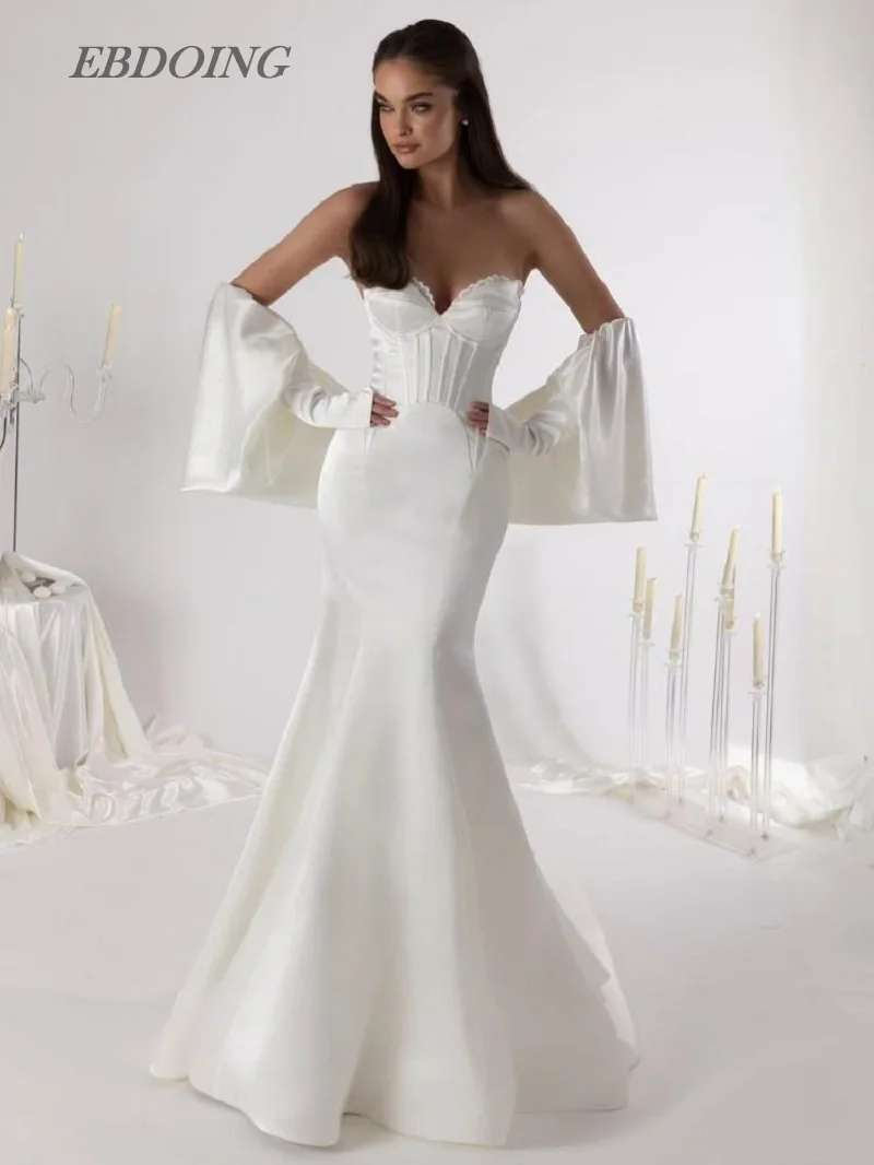 EBDOING ชุดแต่งงานทรงเมอร์เมดผ้าซาตินคอรูปหัวใจพร้อมแขนเสื้อที่ถอดออกได้ ชุดเจ้าสาวแบบกำหนดเอง