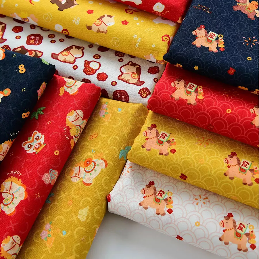 Tela fina de algodón con forma de caballo y motivos del zodiaco, bolsa de tela roja hecha a mano, ropa de patchwork, tela para vestidos