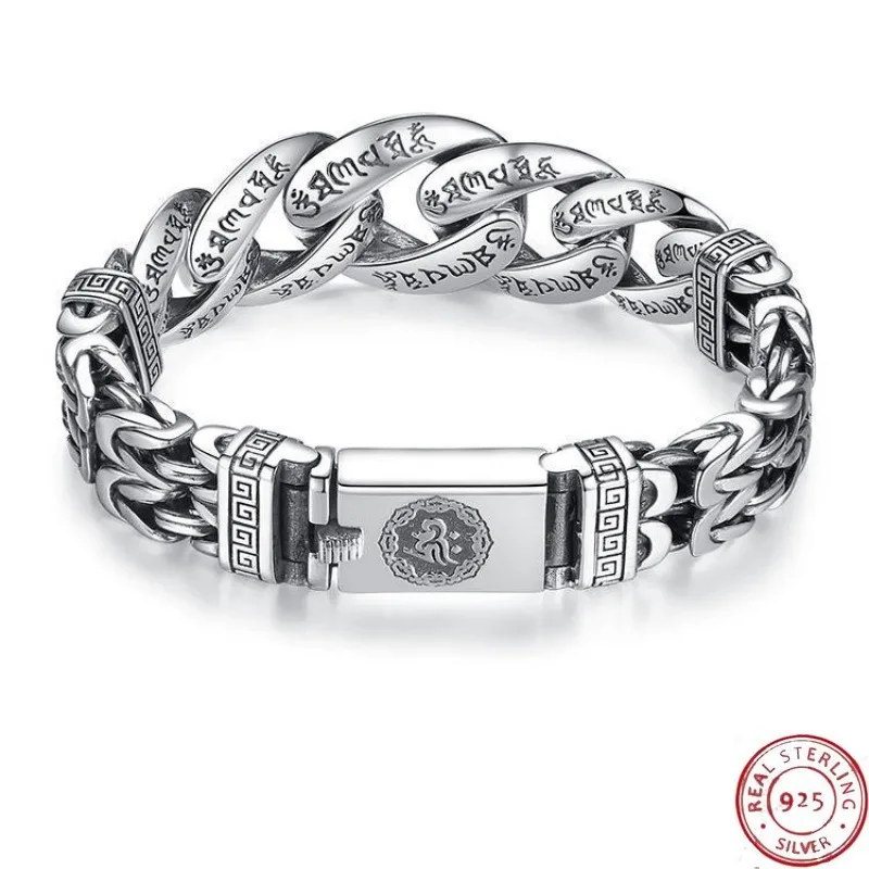 

Men's Vintage Silver Bracelet with Om Mani Padme Hum & Lucky Symbols, Protective Wristband, Amazon Bestselling Jewelry