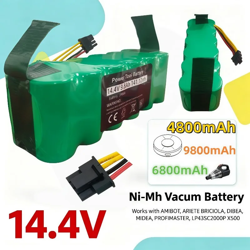 Compatible 14.4V 4.8Ah 6.8Ah 9.8Ah Ni‑Mh Battery For AMIBOT ARIETE BRICIOLA DIBEA MIDEA Robot Vacuum Cleaner