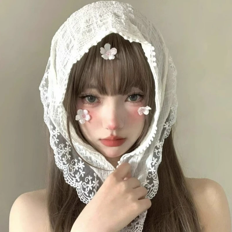 

Винтажный милый треугольный шарф для волос для женщин и девочек, квадратный шарф с кружевом и цветком, повязка на голову, корейский французский пасторальный головной убор, летние головные уборы