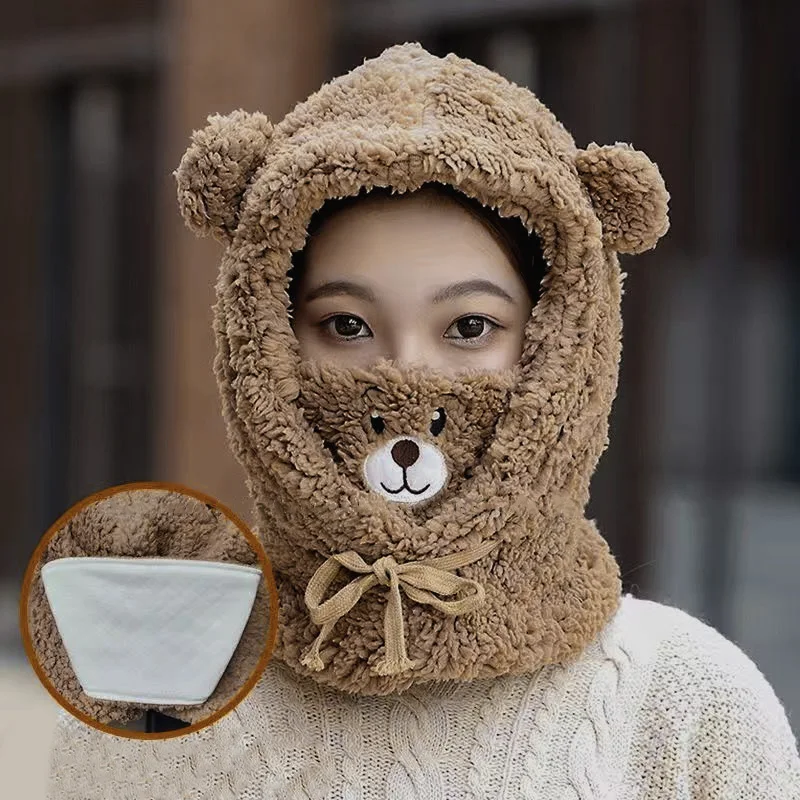 1PC Scarf Hat Warm one-piece Hat Bear Winter Students lamb's Wool Korean Version Of The Hooded Mask Plush Cap