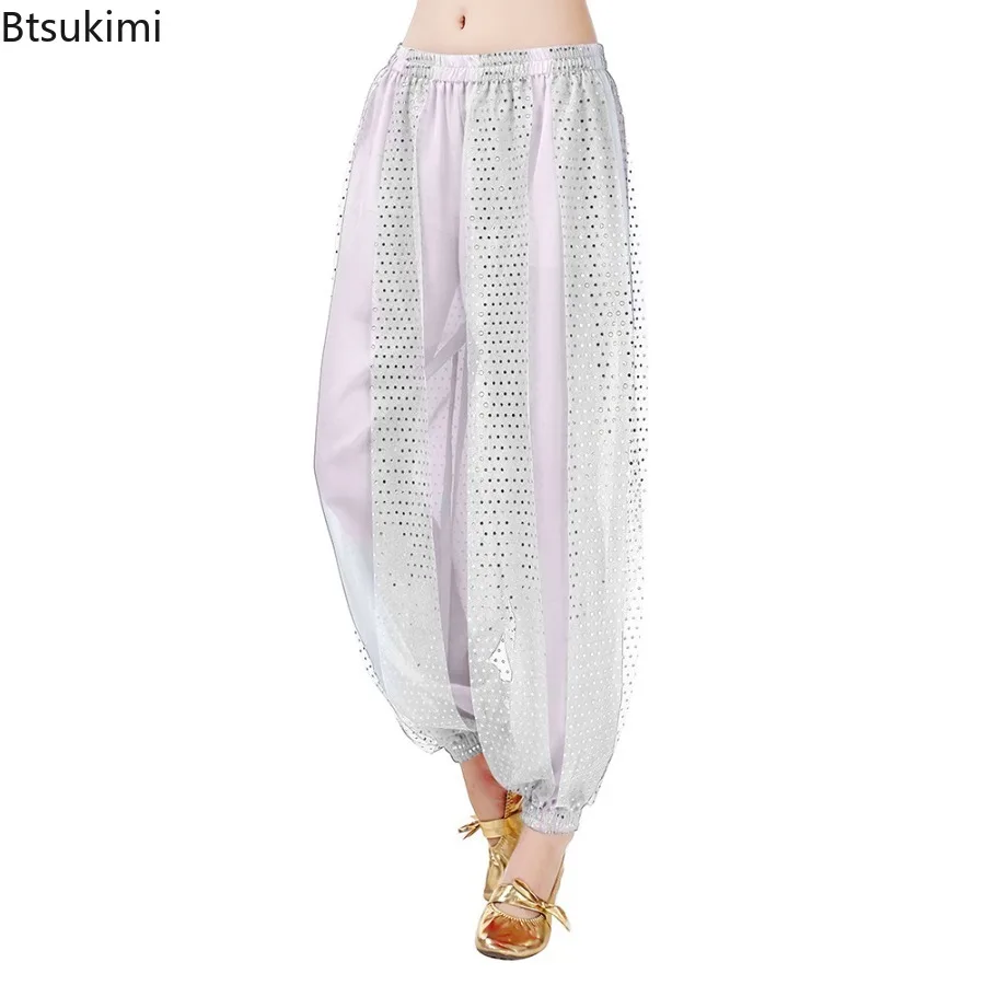 2025 New Indian Dance Pants Sequined Lantern Trousers Belly Dance Stage Performance Pants Fashionable Chiffon Jogger Dance Pants