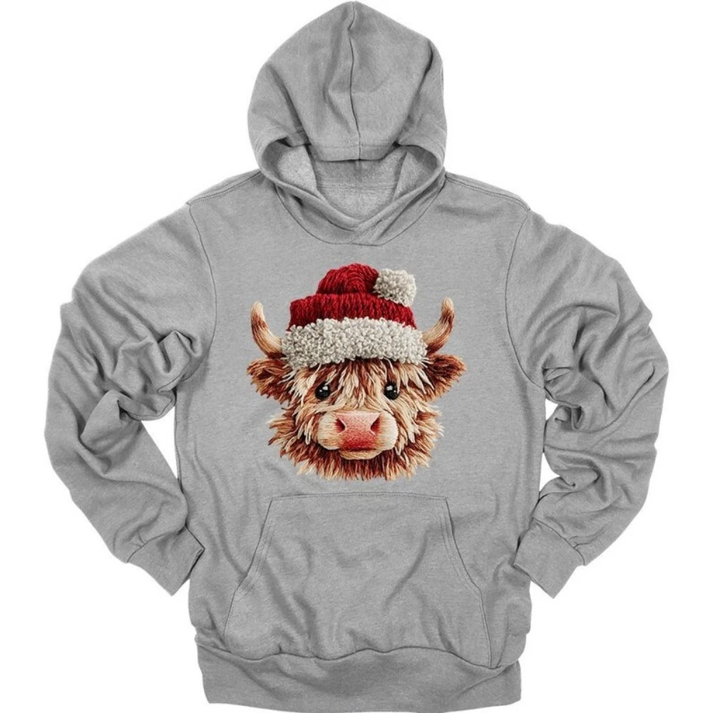 

Faux Crochet Highland Cow Santa Hat Print Hoodie Highland Cow Keep Warm Sweatshirt Long Sleeve Sportswear Autumn Hoodie