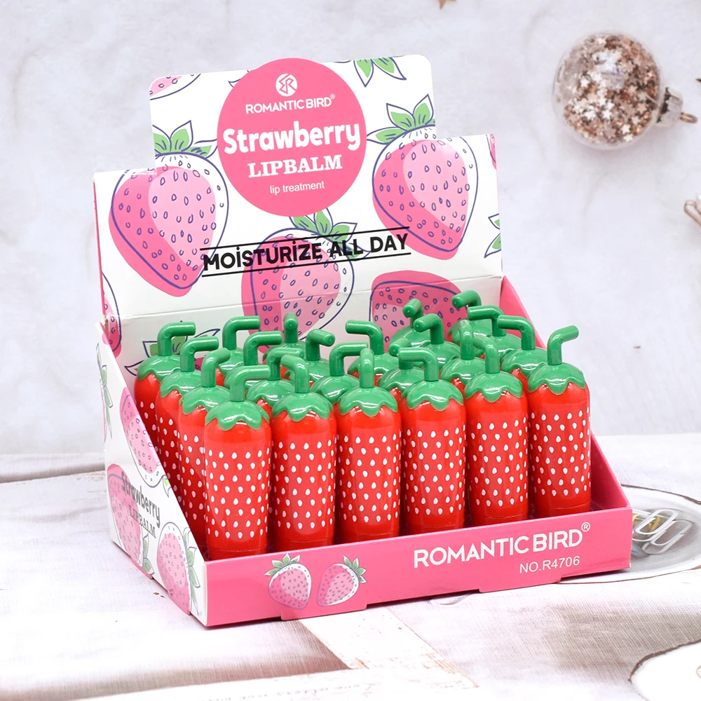 24Pcs Cute Strawberry Design Lip Balm Fruit Flavored Clear Moisturizing Lip Balm Set Kids Girls Lips Care Party Gifts Wholesale