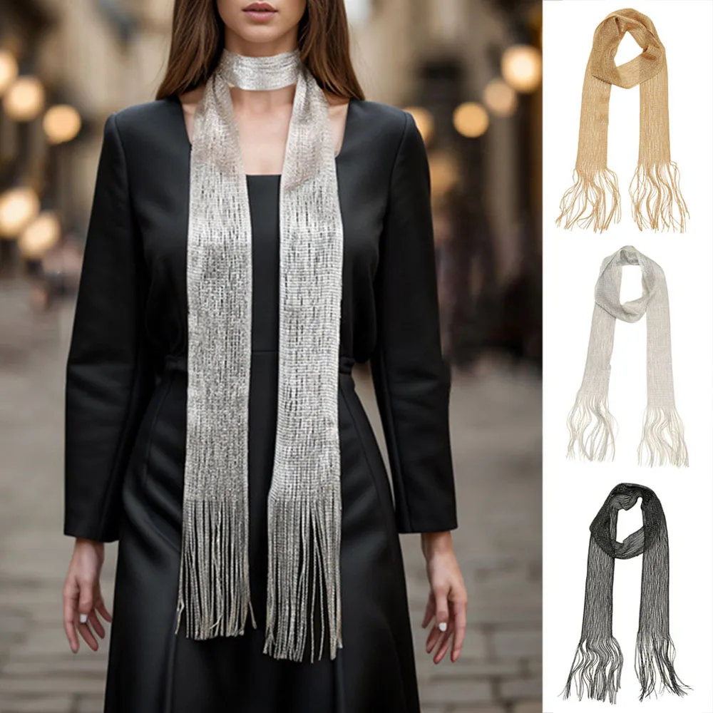 Bright Silk Sunscreen Shawl Multi-Purpose Streamer Scarf Thin Long Strip Scarves Gold Silver Tassel Party Evening Dress Scarves