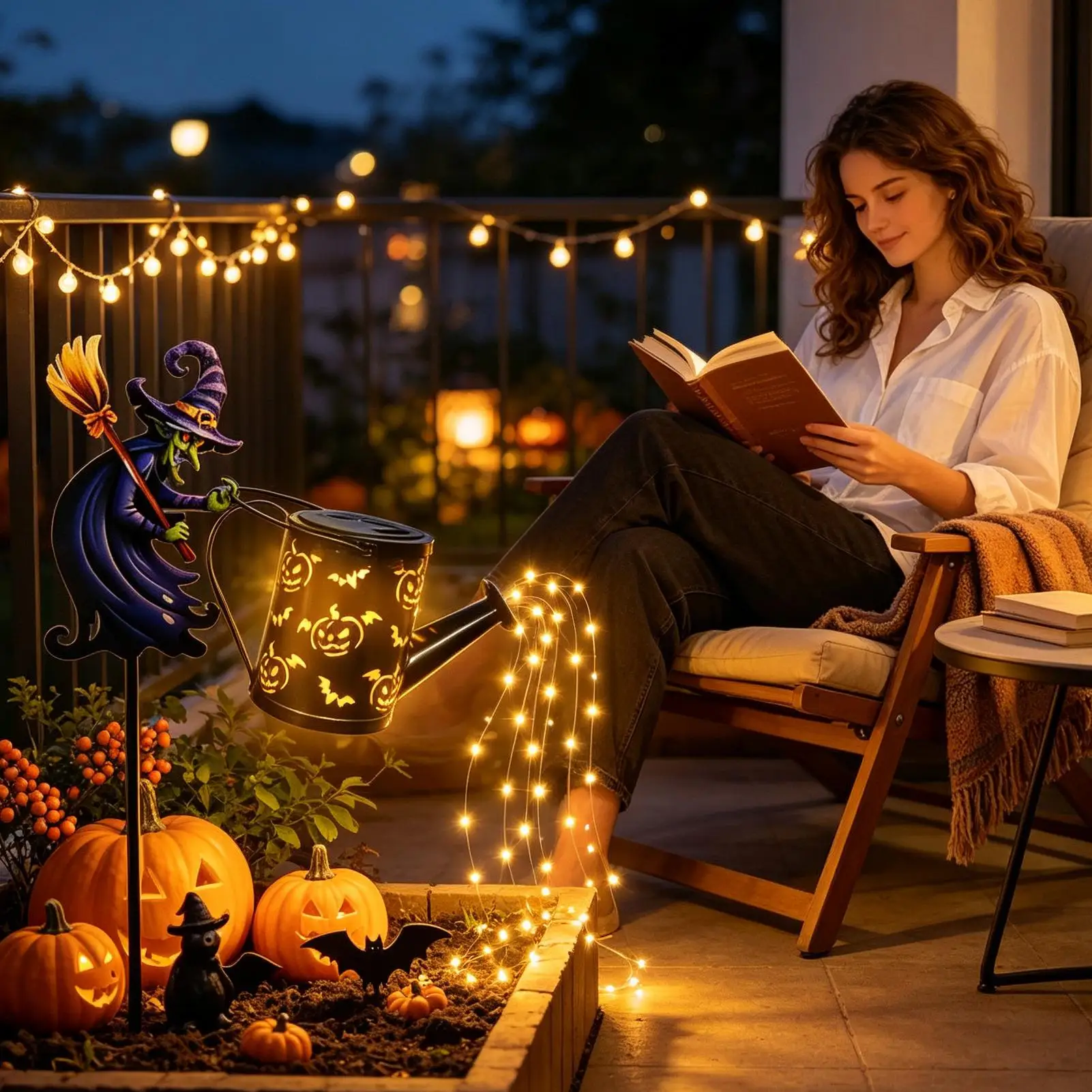 Halloween Yard Lights Solar Waterproof Witch Skeleton Watering Can Spooky Flying Witch Halloween Pathway Lights For Garden Patio