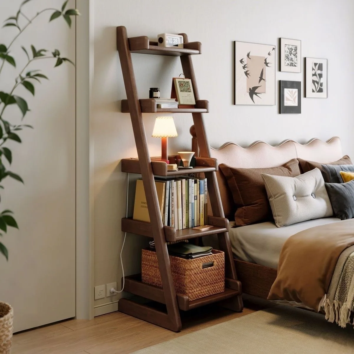 Solid wood trapezoidal shelf Floor-to-ceiling bookshelf Multi-layer storage shelf Bedroom corner