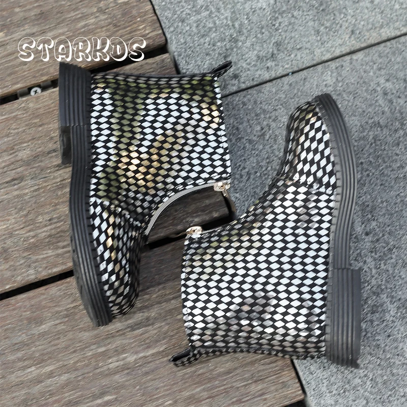 Diamond Checker Print Ankle Boots For Kids Girls 2024 Autumn New Front Zipper Short Booties Children Flat  Leopard Denim Botas