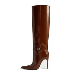 Arden Furtado 2024 New brown boots for women knee high fashion Belt buckle decoration Pointed toe stiletto heels Riding boots