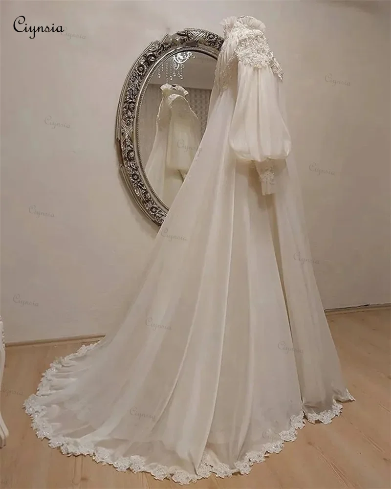 Personalizado marfim islâmico muçulmano vestidos de casamento manga longa alta pescoço chiffon apliques árabe dubai vestido de noiva robe de mariée