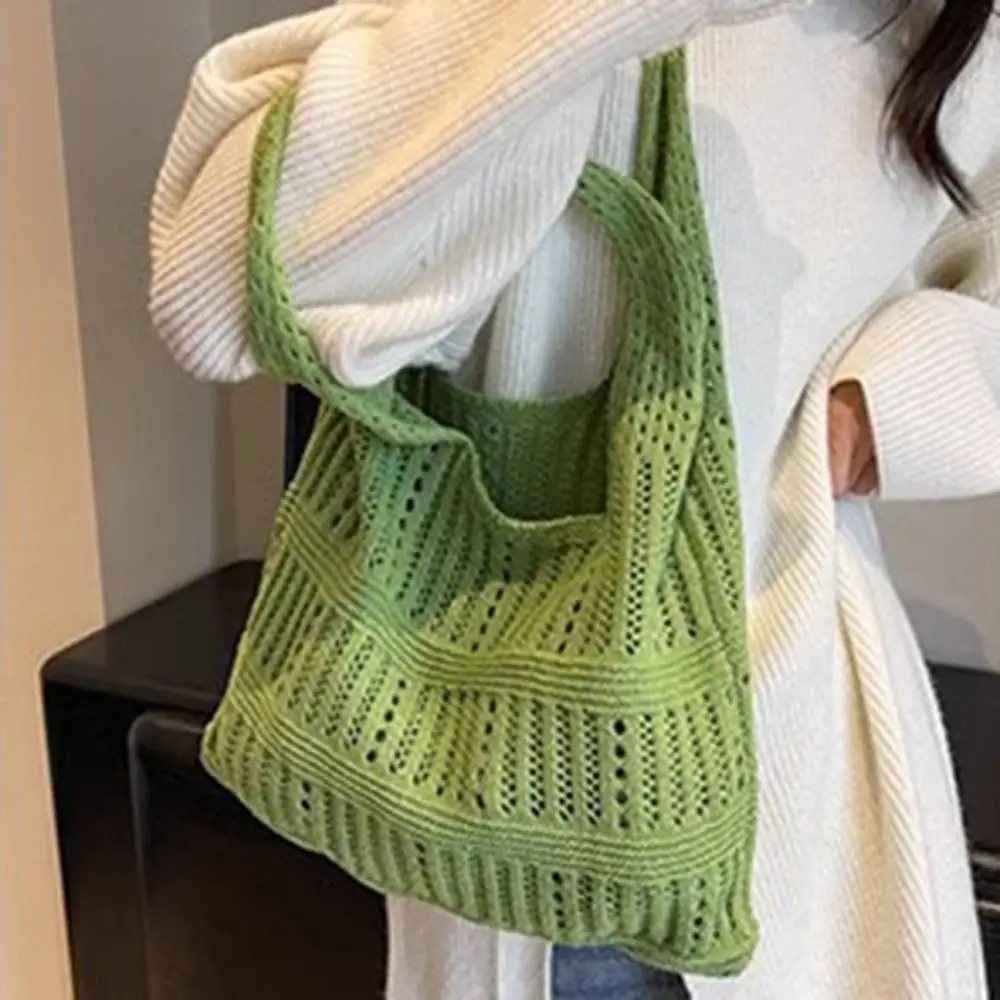 

Hollow Out Women Knitting Shoulder Bag Vintage Large Capacity Casual Crochet Bag Soft Simple Sundries Storage Bag Summer