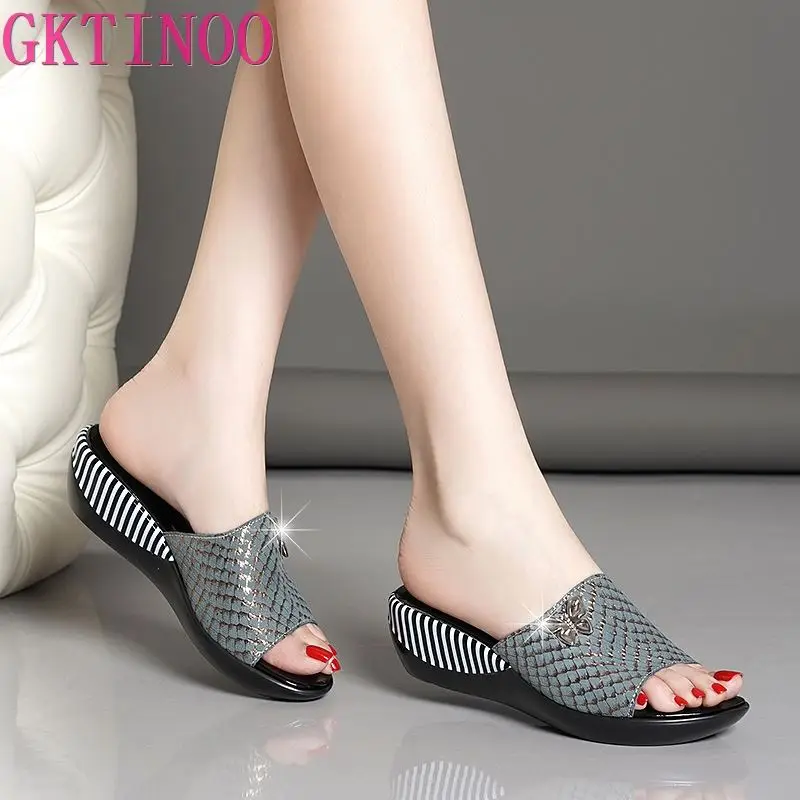 

GKTINOO 2024 Summer Platform Flip Flops Fashion Beach Shoes Woman Anti-slip Genuine Leather Sandals Women Slippers Shoe