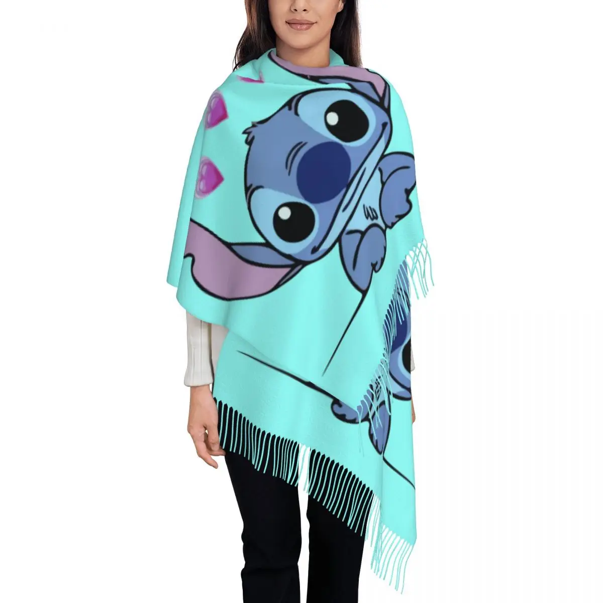 

Custom Cartoon Stitch Scarf Wrap for Women Long Winter Warm Tassel Shawl Unisex Scarves