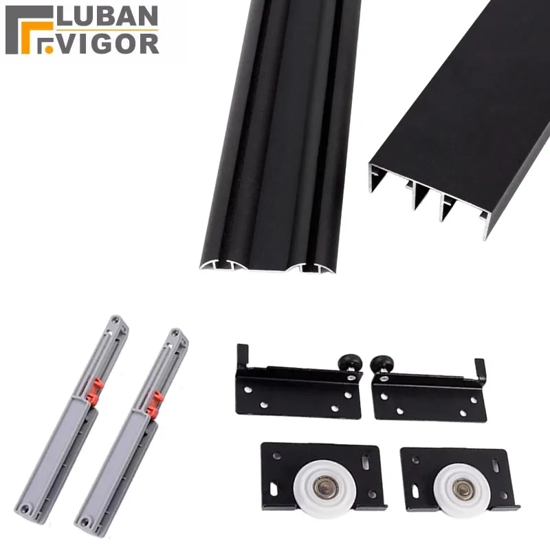 

Wardrobe Sliding Door Track with Buffer Black Aluminum Alloy Heavy Duty Smooth Sliding for Wardrobe Room Divider Doors Balcony
