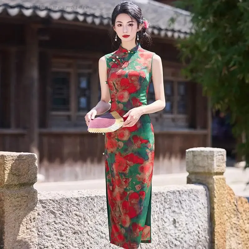 

Длинное женское платье-ципао с цветочным принтом, сексуальное, без рукавов, традиционное китайское платье, винтажное, элегантное, для вечерних мероприятий