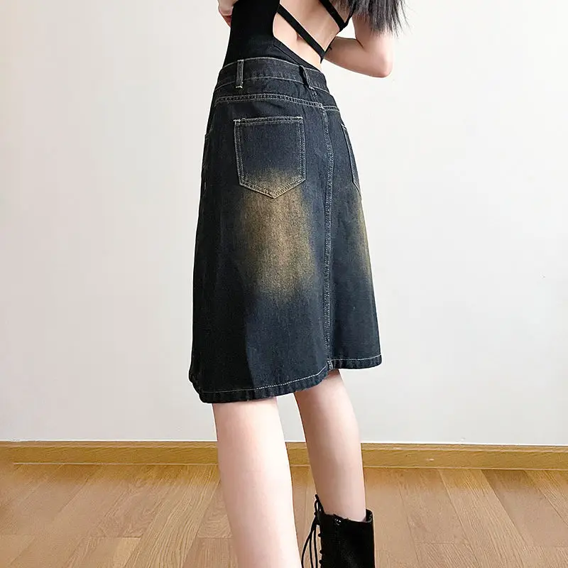 Denim Skirt Butterfly Hot Diamond Vintage Blue Straight Women American Retro Aesthetic Chic Cargo Mid Skirt Y2K Streetwear Skirt