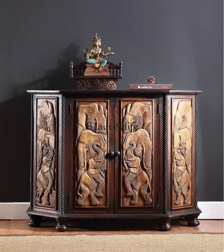 

Thai Elephant Relief Teak Cabinet Hallway Southeast Asian Style Solid Wood Decoration Locker