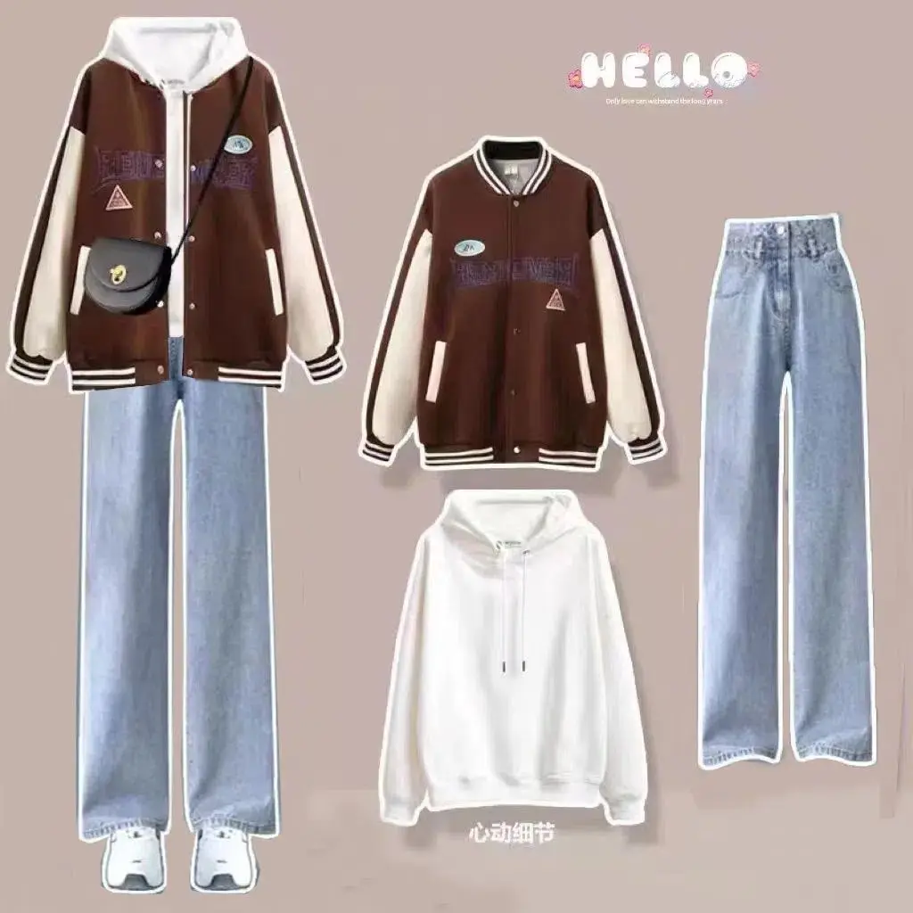 Spring and Autumn Suit Female Student Korean Version Loose Baseball Uniform+casual Pants College Style Three Piece Suit Fashion