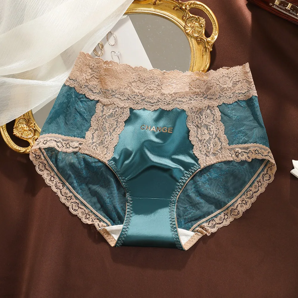

Mesh Floral Ice Satin Silk Briefs Mid Waist Cotton Crotch Lace Seamless Panties Female Lingerie Underpants Underwear for Women