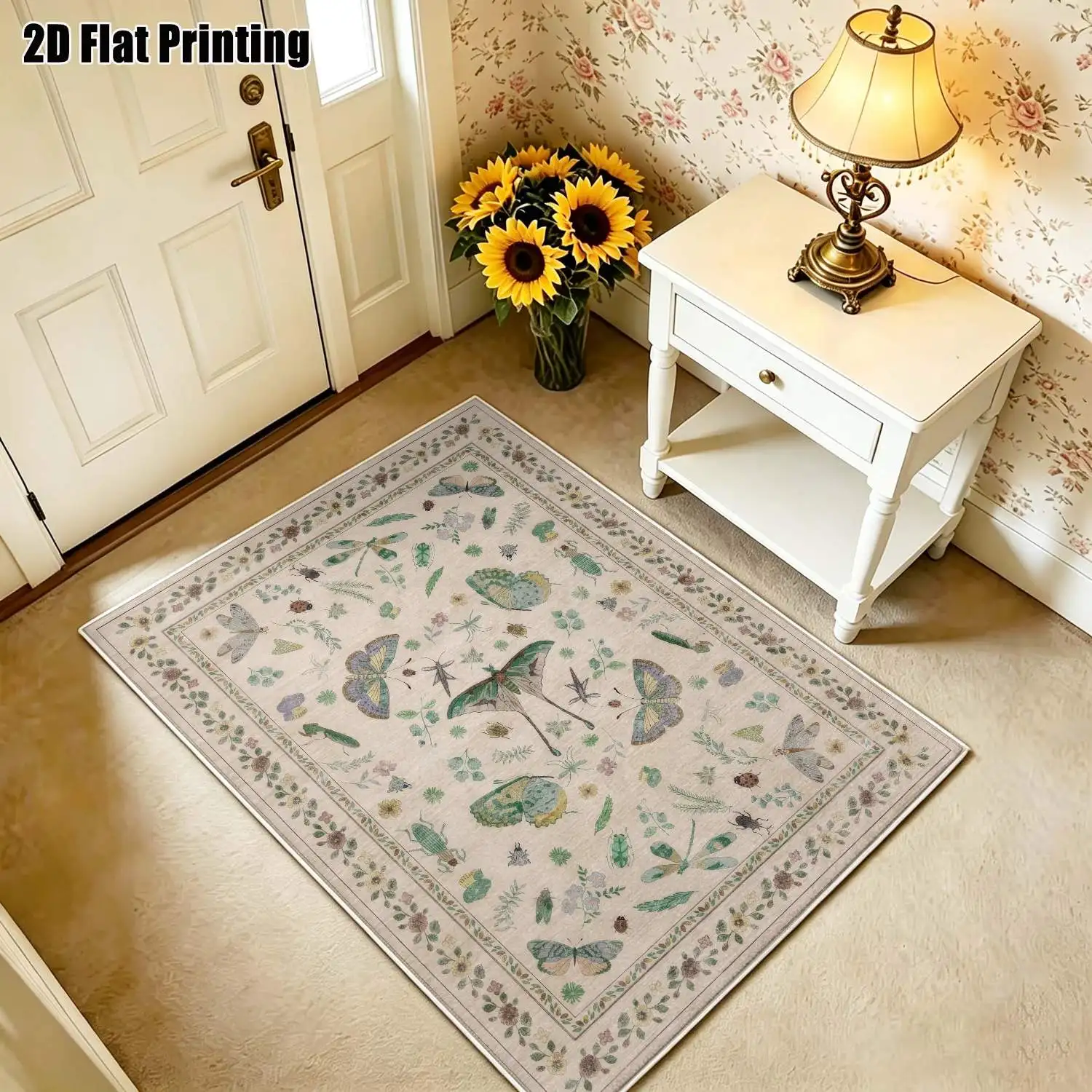 1Pc 2D Printed Velvet Carpet with Beige Butterfly, Insect, and Plant Patterns, European/Vintage/Bohemian Style, Home Decor, Multi-Size, Machine Washable, Ideal for Living Room, Bedroom, Dining Room, Entrance, Study
