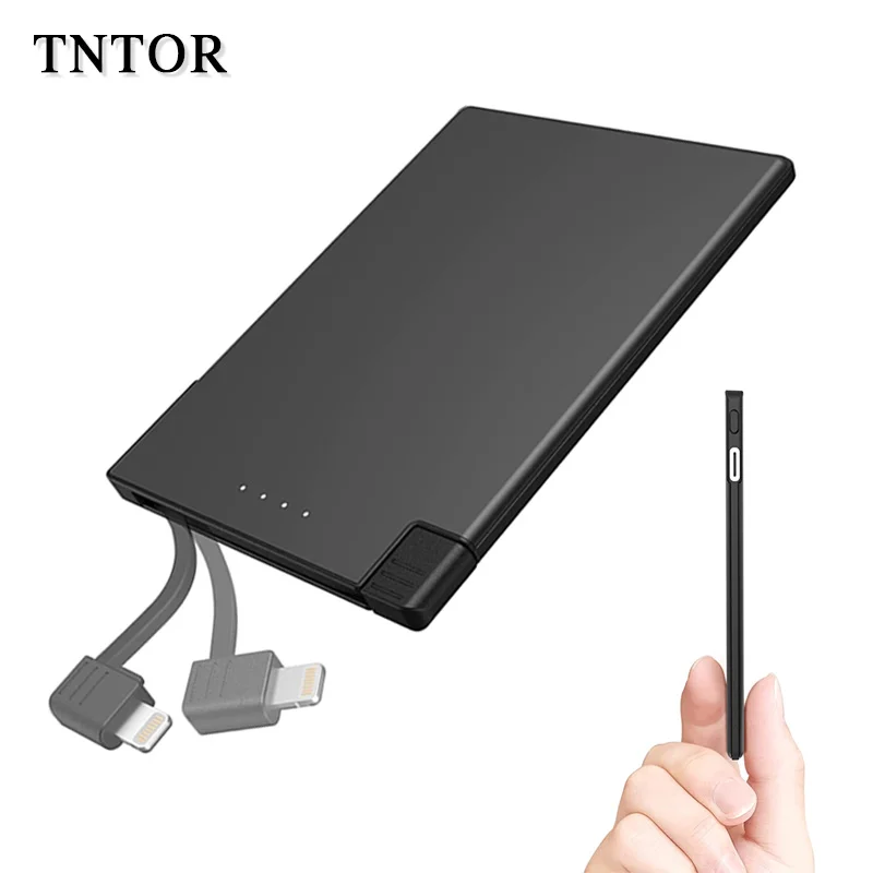 TNTOR-Mini Power Bank, Slim, 3500mAh, Fast Charging Battery, Built-in Cable, For Xiaomi, iPhone 15, 14, 13, Huawei, Samsung