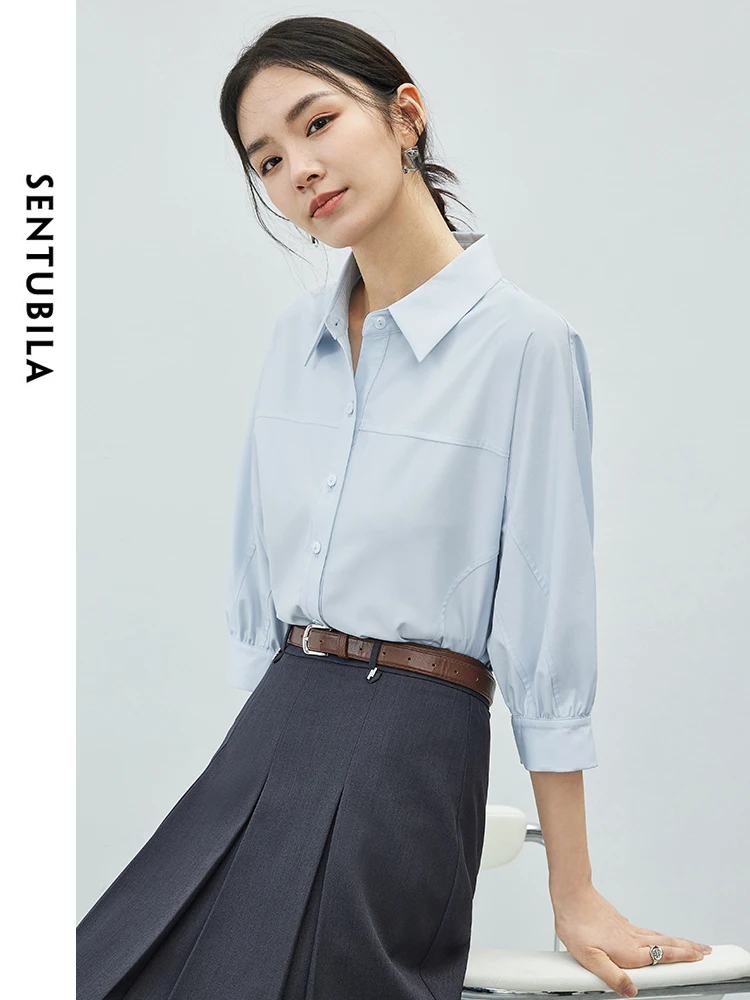 SENTUBILA Polo Collar Three Quarter Sleeve Woman Shirt 2024 Summer New Loose Commuter Professional Button Up Blouse 142C54547