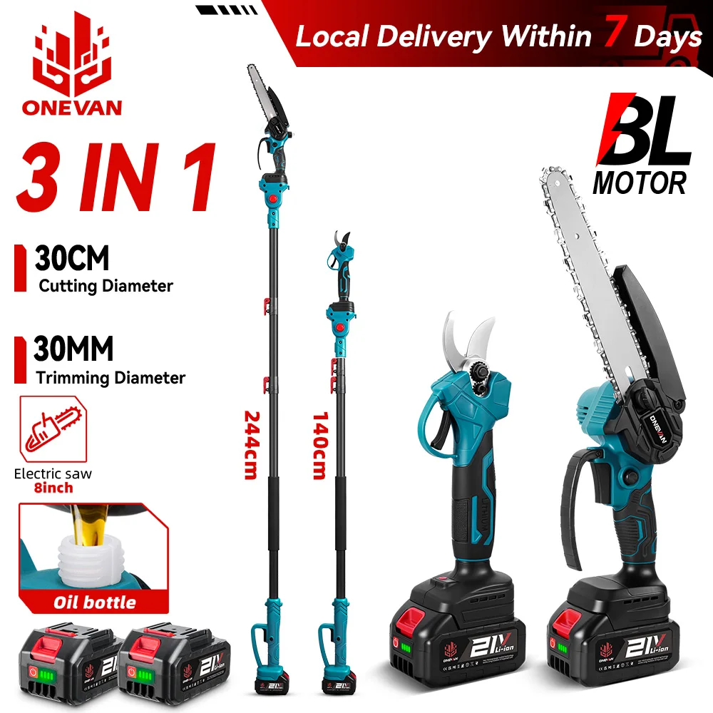Cisaille électrique télescopique sans fil ONEVAN 3 en 1, 8 pouces, pour branches hautes jusqu'à 2 m, outil de jardinage pour batterie 21V