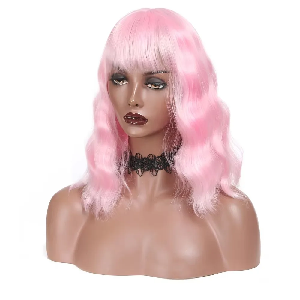 شعر مستعار قصير مموج وردي بوب صناعي مقاوم للحرارة للنساء للحفلات التنكرية والاستخدام اليومي #3