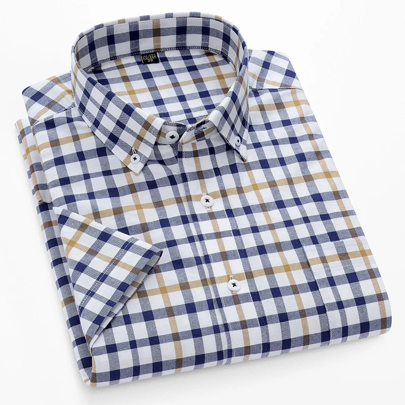 New Oversized S~5XL Pure Cotton Oxford Plaid Social Shirts For Mens Short Sleeve Dress Shirt Male Casual Soft Blouses Clothing