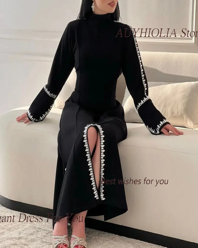 Luxury Crystal Evening Dress For Sexy Women 정장원피스 Vestidos de festa Elegant Side Slit Full Sleeve Cocktail Prom Gown 2024