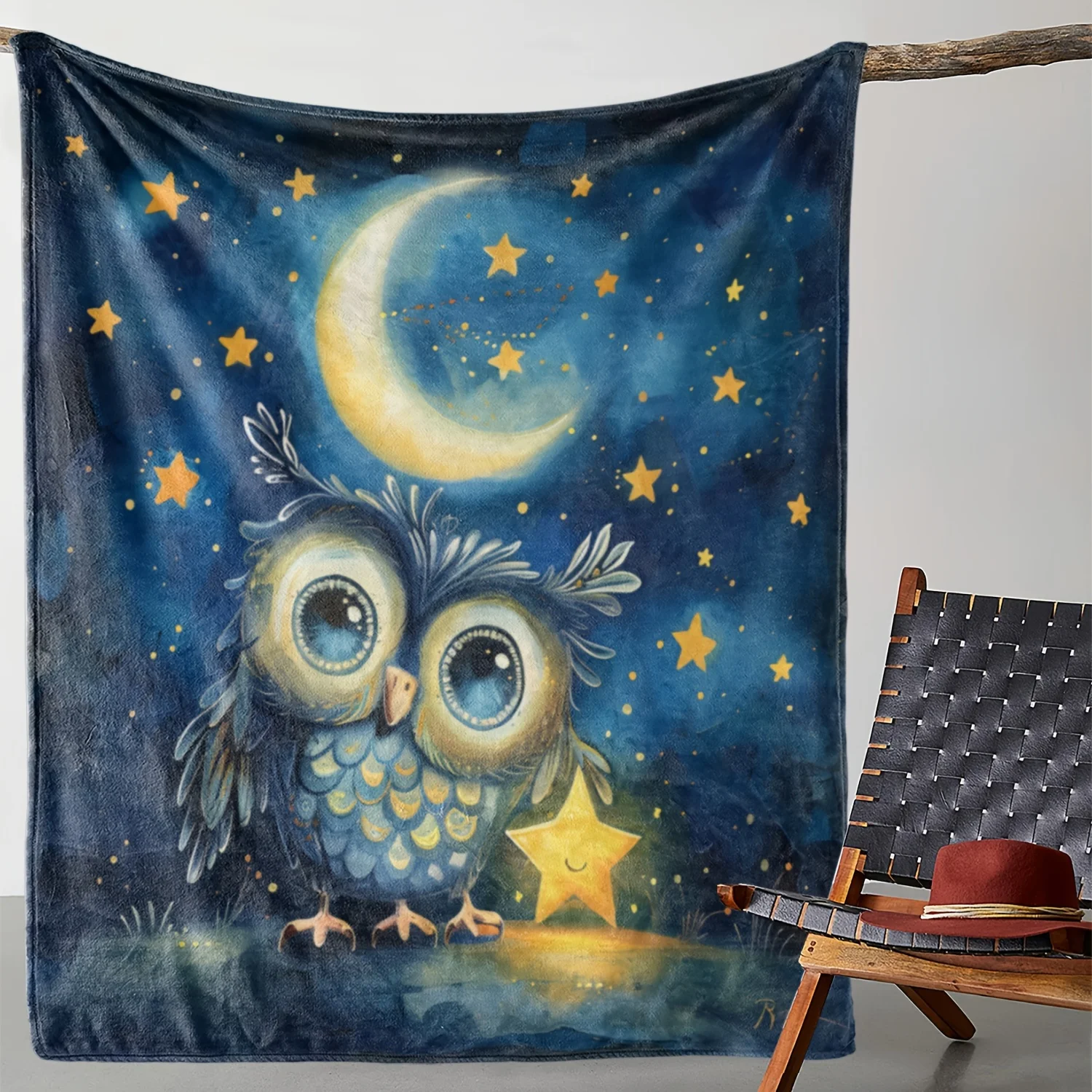 Cute Owl and Crescent Moon Nursery Blanket Stars Galaxy Baby Shower Gift Cozy Bedding Throw