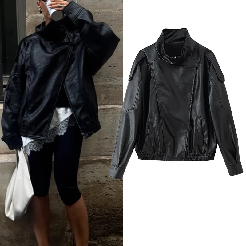 

All Season Stand-up Collar Long Sleeve Zipper Leather Jacket Women Button Pocket Decoration Coat Female Casual Outwears 2025 New