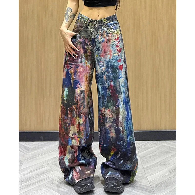 Jeans americani resistenti con schizzi Pantaloni larghi gotici larghi a vita alta da donna Pantaloni dritti casual in denim Hiphop Harajuku