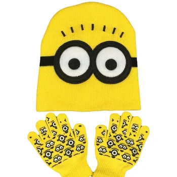 미니언 어린이 모자 니트 아기 모자, 겨울 비니 모자 장갑 세트, 따뜻한 가을 겨울 모자, 소년 소녀 니트 만화 모자 