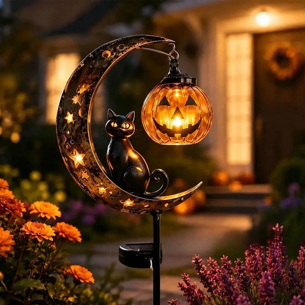 Halloween Schwarze Katze & Kürbis-Mond Gartenleuchte, Gartenlampe Dekoration, Outdoor Wasserdichte Metall-Kürbis-Pfahl-Deko – Detail 9