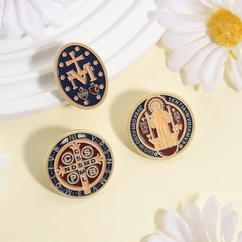 Catholic Saint Medal Enamel Pins Religious Faith Saint Benedict & Virgin Mary Cross Latin Prayer Brooch Lapel Badge Jewelry Gift