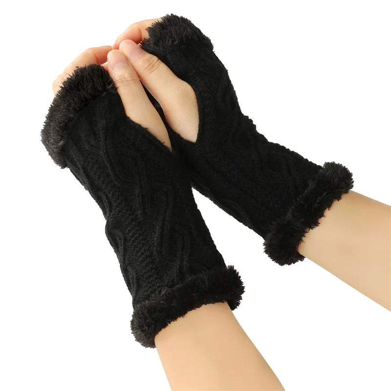 Women Cable Knit Gloves Thickened Fleece Lined Fingerless Gloves with Thumbhole Warm Arm Sleeves Winter Outerwear