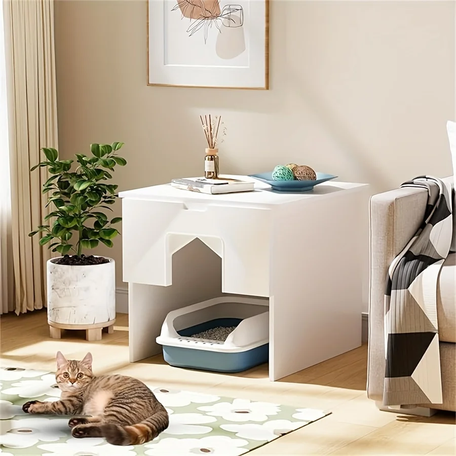 

Litter box with flip half door, hidden litter box furniture (white), private enclosed cat washroom with latch, wooden indoor ca