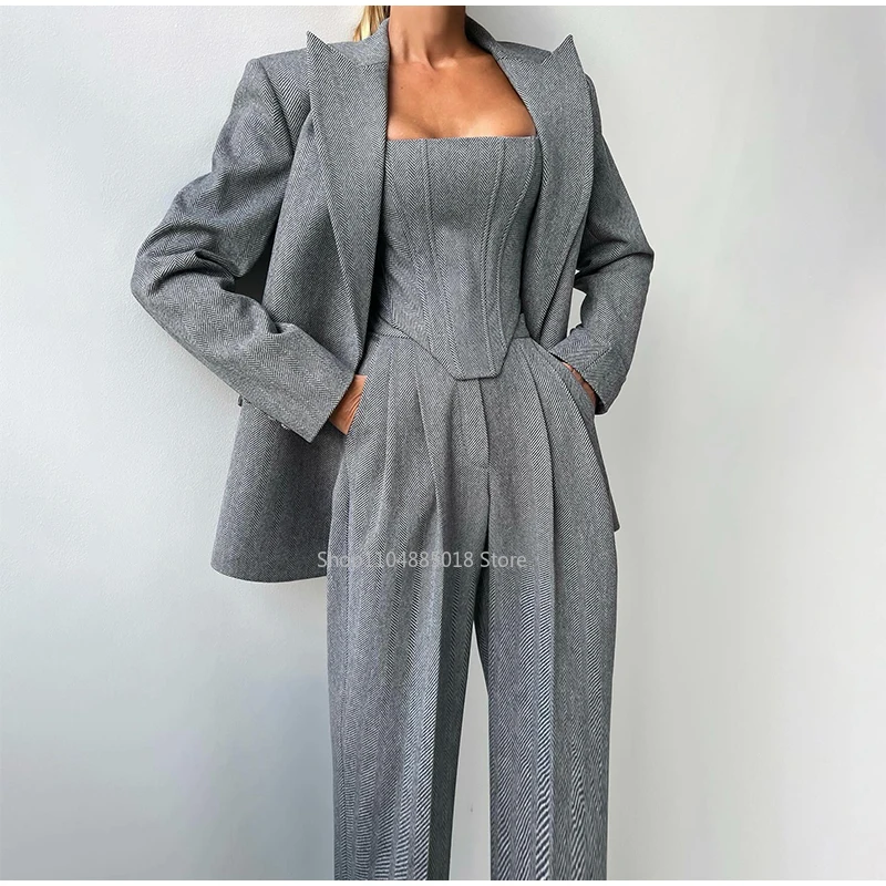

Elegant Solid Blazer Coats Pants 3 Pieces Sets Women Long Sleeve Belt Coat Fishbone Top High Waist Wide Trousers Lady Suits