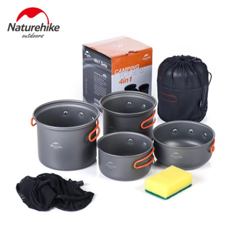 Naturehike Camping Cookware 4 In 1 Pot Set Portable Ultralight Picnic Tableware Camping Outdoor Tableware Utensils Hiking Travel