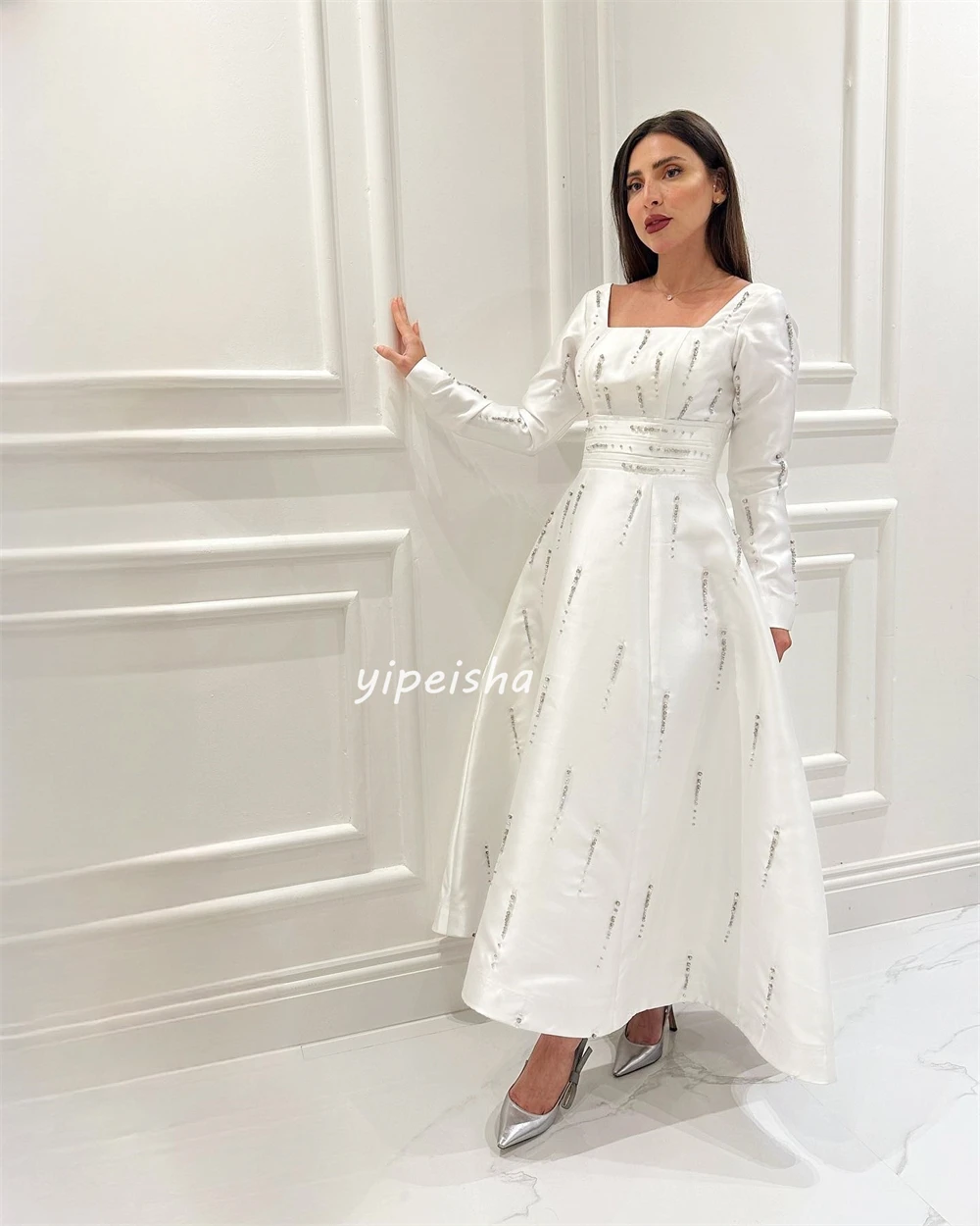 Customized Fashion Satin Sequined Ruched A-line Square Neck Midi Dresses Quinceanera Dresses Elegant Exquisite High Quality Sexy