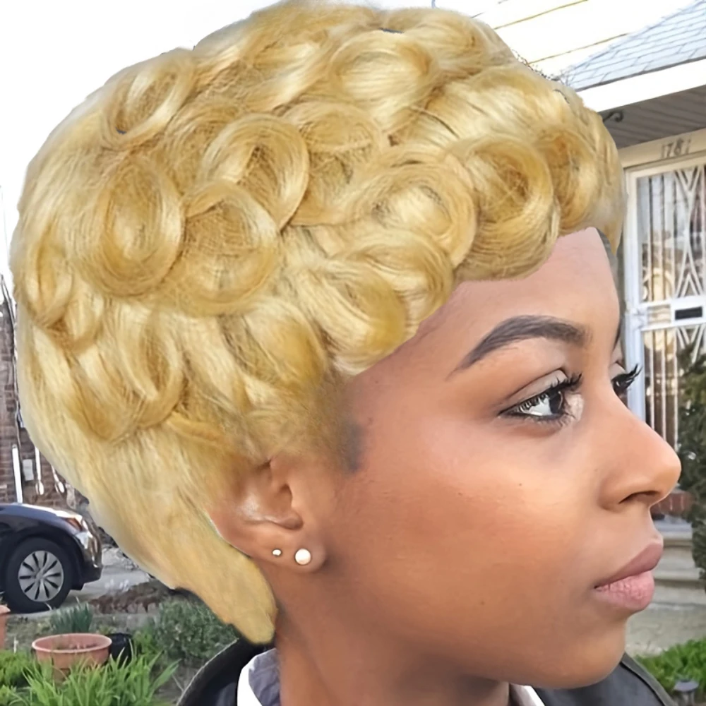 

613 # Светлый цвет, стрижка пикси, вьющиеся волны, парик из натуральных волос для женщин, полный машинный парик, плотность 150%, 6 дюймов