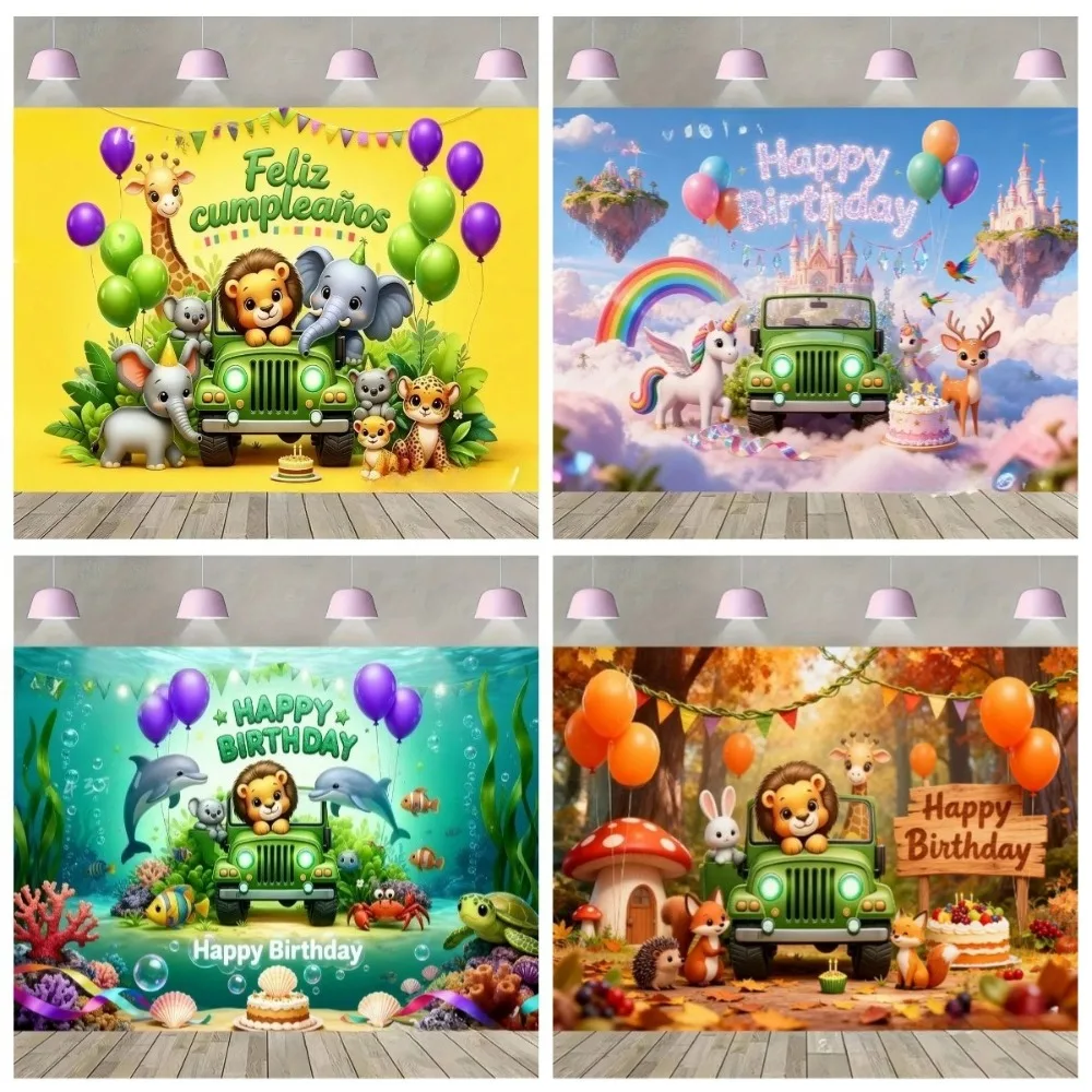 

Spanish Jungle Animals Lion Elephant Giraffe Birthday Backdrop Cloth, Children's Birthday Party Decoration Photography Backdrop