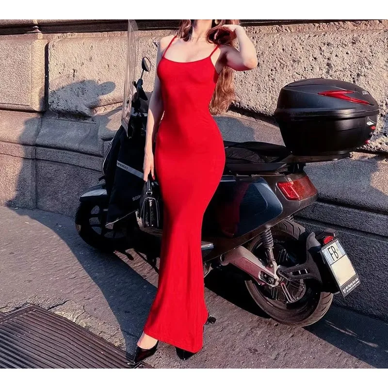 

New Women's High Elastic Sleeveless Backless Dress Spring Summer Long Sling Dresses Club Sexy Suspender Fishtail Skirt Платье