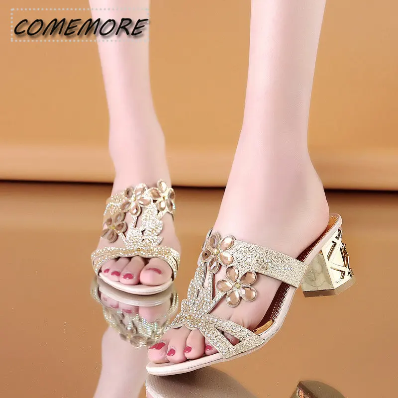 2023 New Glitter Women Sandals Summer Fashion Outdoor Peep Toe Casual Beach Slippers Thick Heel Slip on Rhinestone Woman Sandals