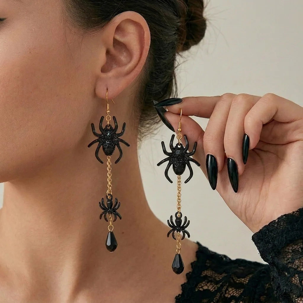 Halloween-Ohrringe mit schwarzen Spinne und Quasten für Damen, Gothic-Stil, Hexen-Tier-Design, lange Ohrringe, dunkle Ästhetik, Kostümschmuck