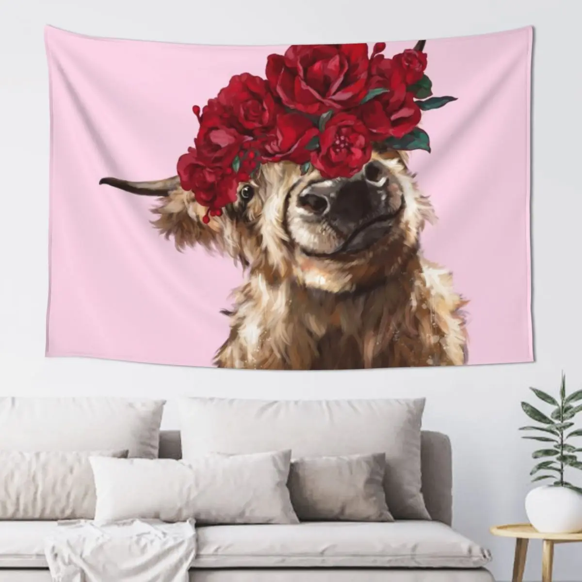 

Highland Cown with Rose Crown in Pink Tapestry Korean Room Decor Bathroom Decor Tapestry