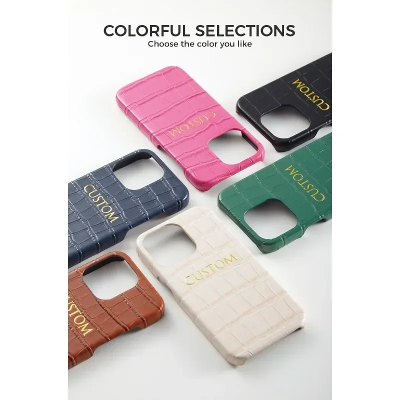 

for IPhone 15 14 13 12 11 Pro Max DIY Custom Leather Phone Case for IPhone Personalized Name Crocodile Gold Letter Luxury Case